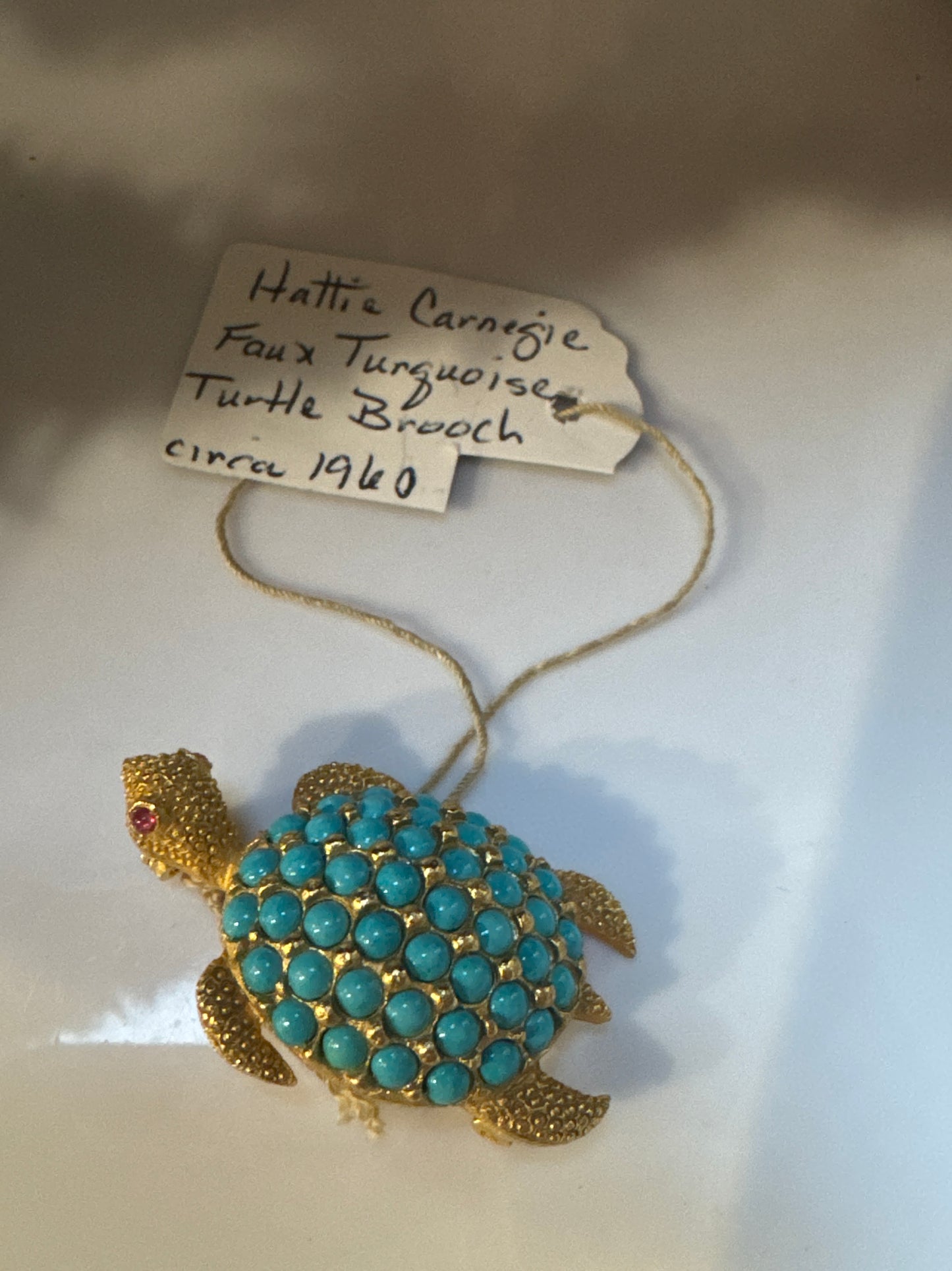 vintage 1960s HATTIE Carnegie faux turquoise turtle brooch