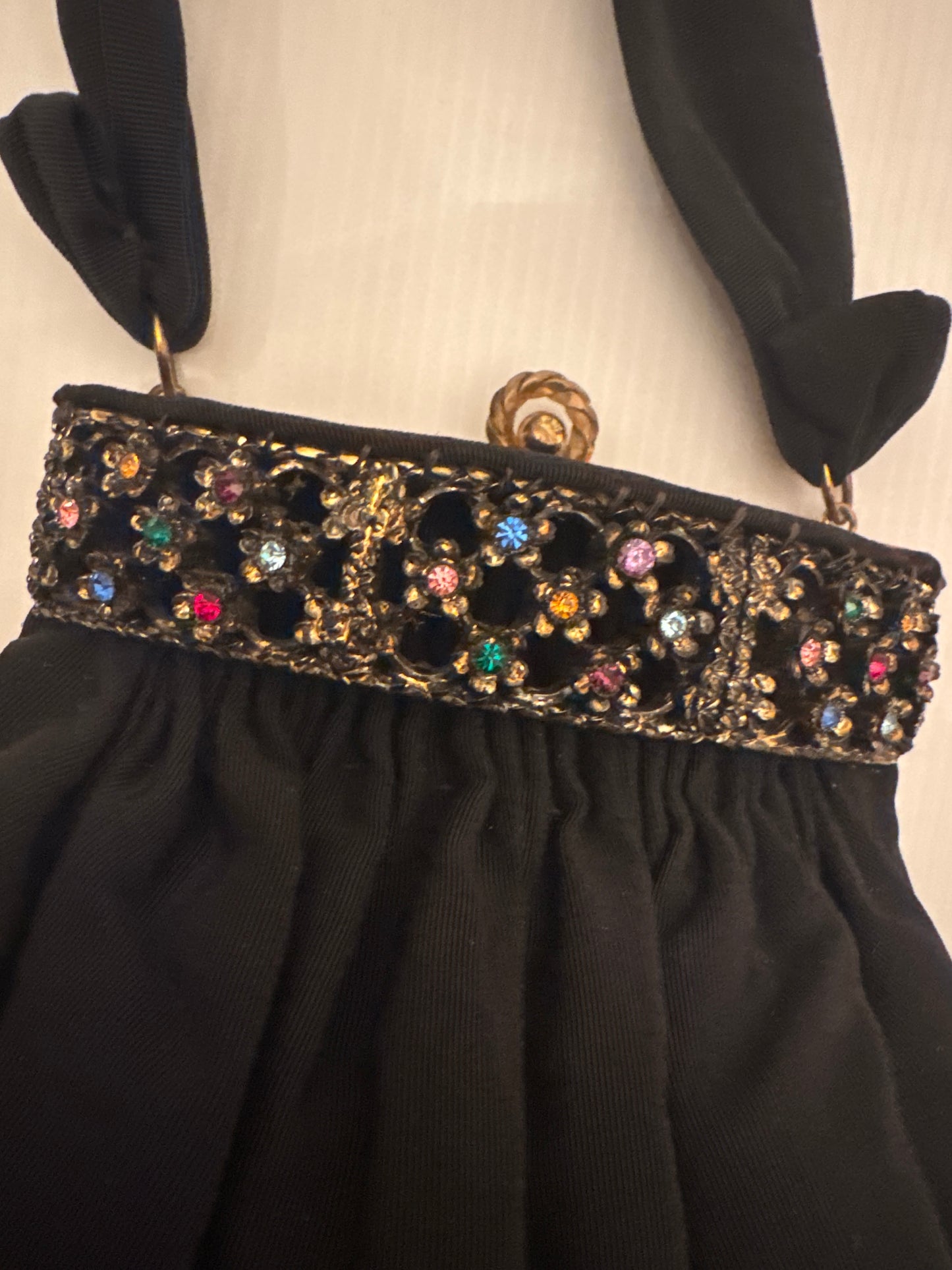 1940s stunning vintage black fabric bag with rhinestone clasp