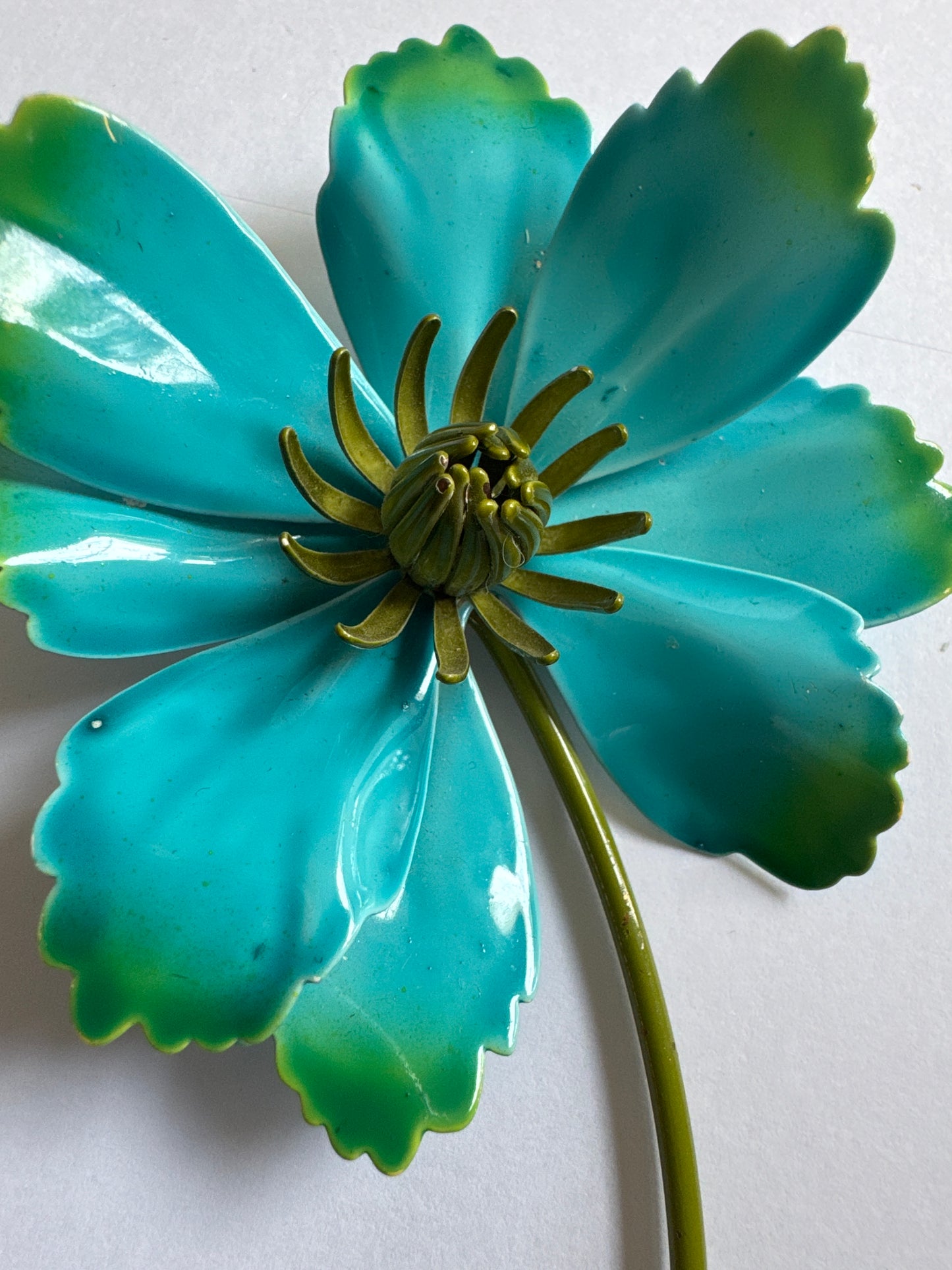 1960s tin flower cut out brooch in gorgeous, turquoise, and green