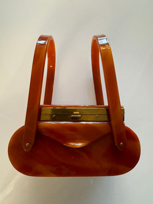 RARE Bakelite 1940s box bag with handles and a top makeup compartment