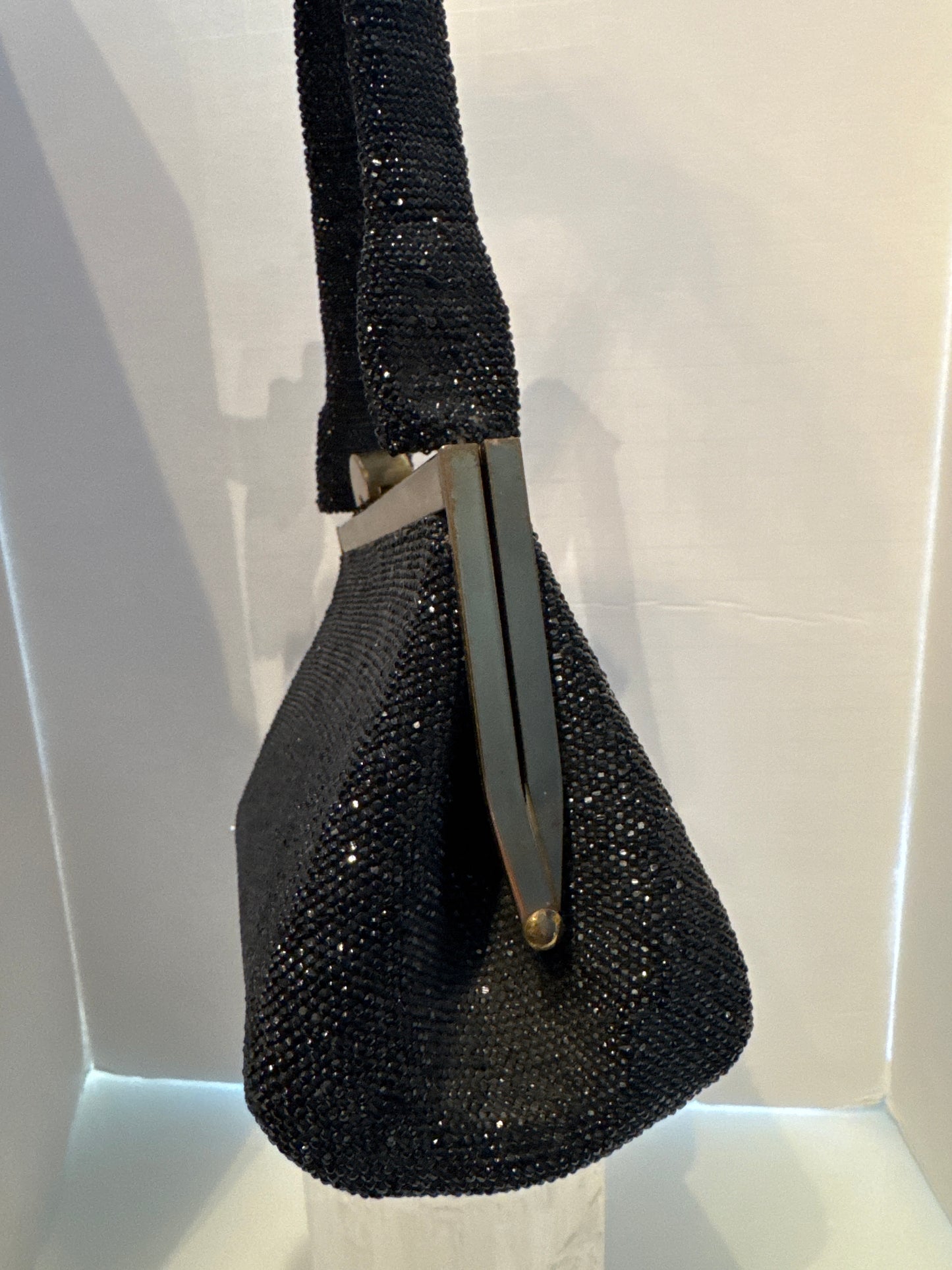Beautiful 1940s black beaded top handle bag in mint condition with original mirror