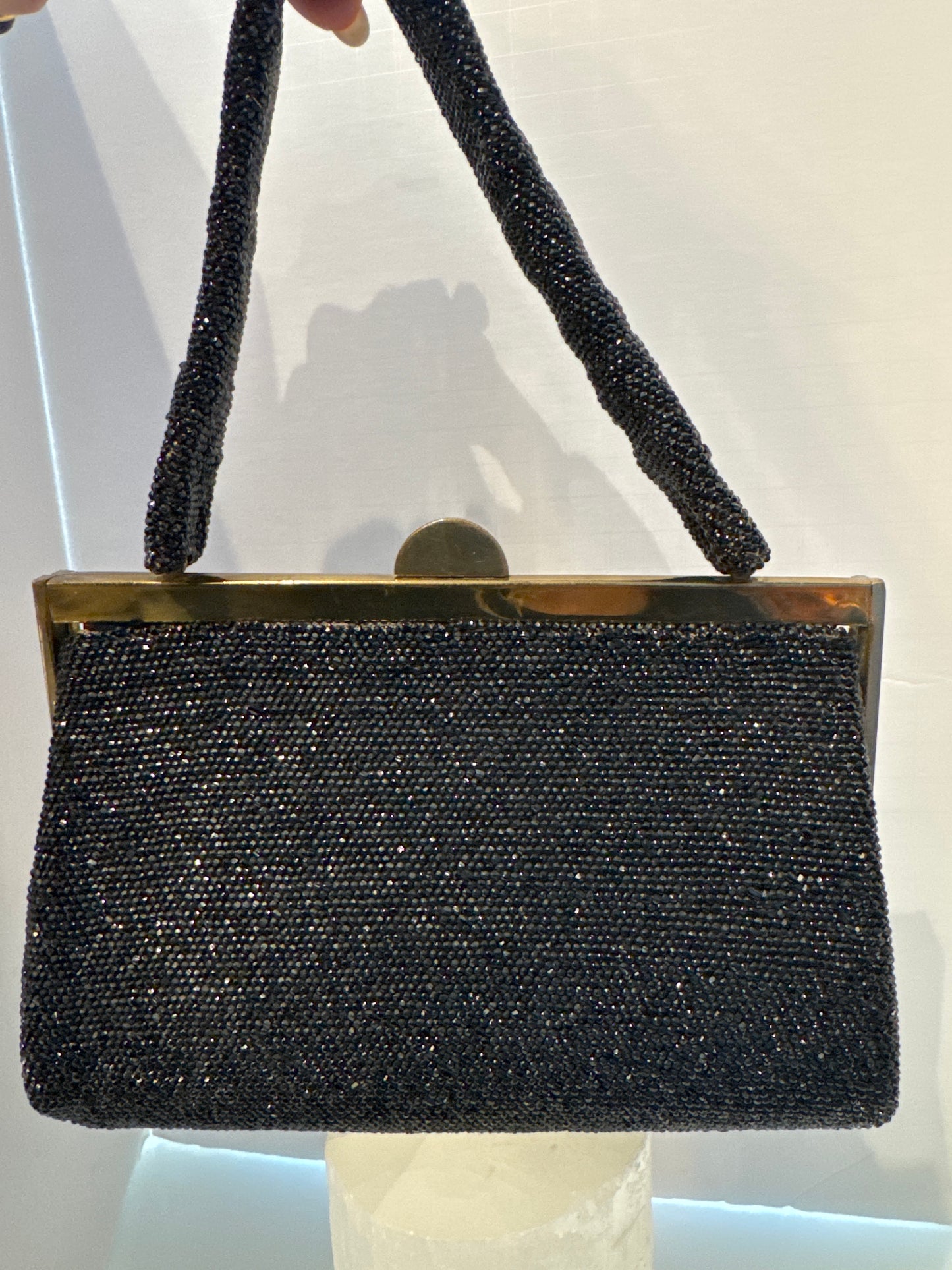 Beautiful 1940s black beaded top handle bag in mint condition with original mirror
