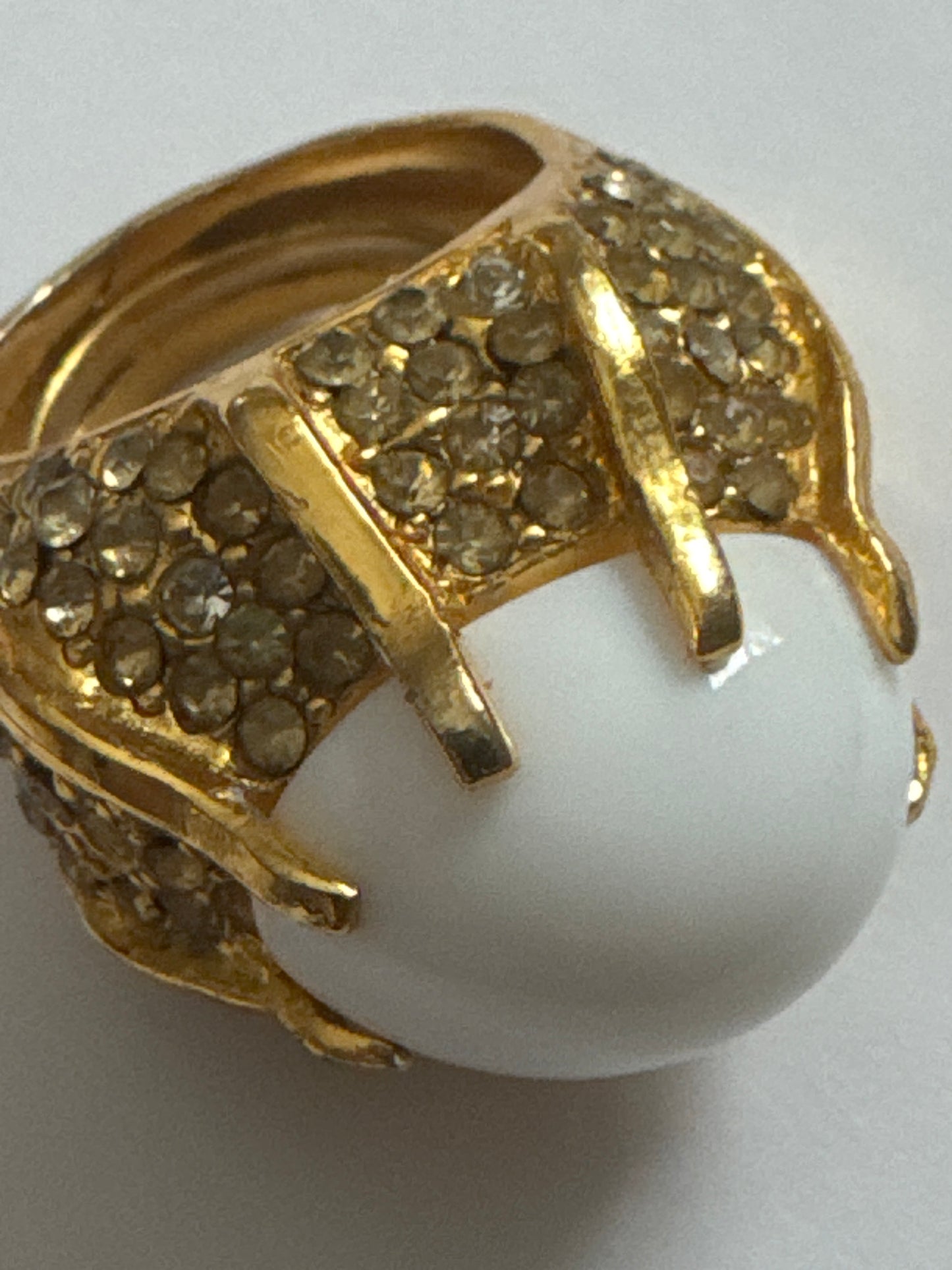 1980s signed Kenneth Lane cocktail ring with white cabochon and rhinestones