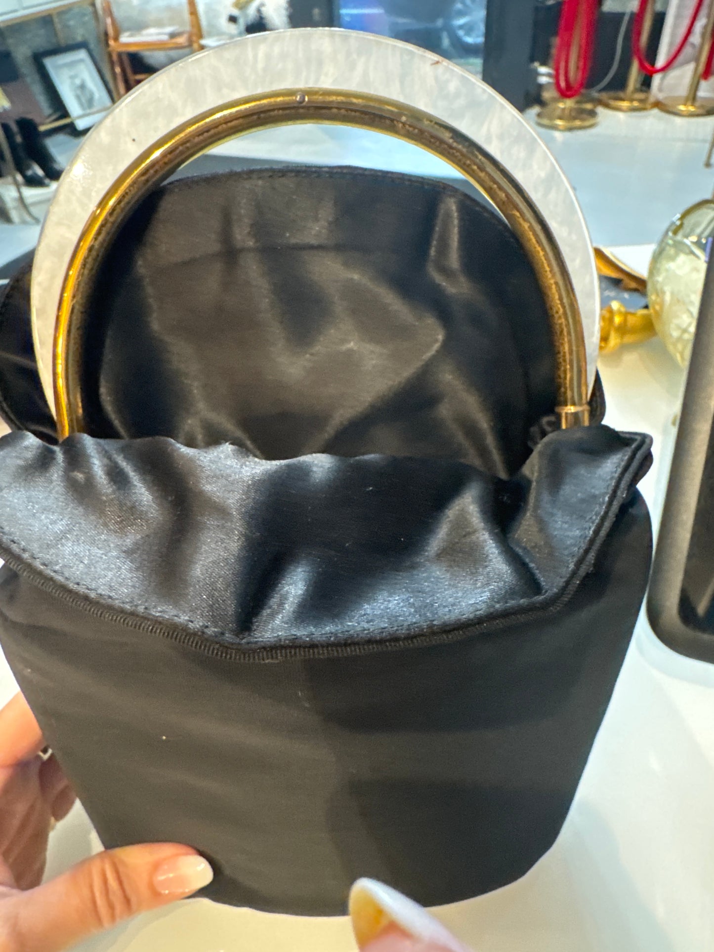 1940s black satin lucite top handle bag