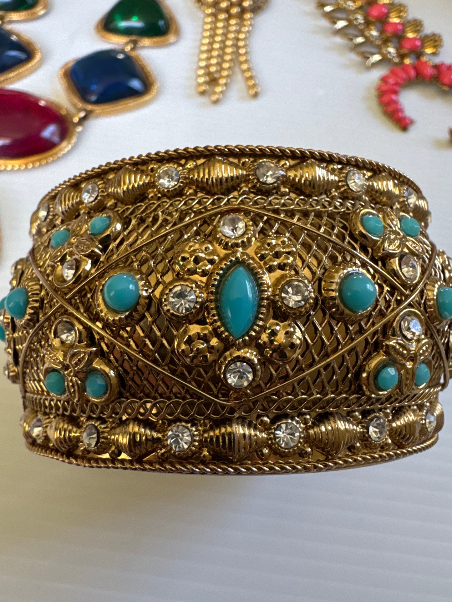 90's gold tone cuff with faux turquoise and rhinestones