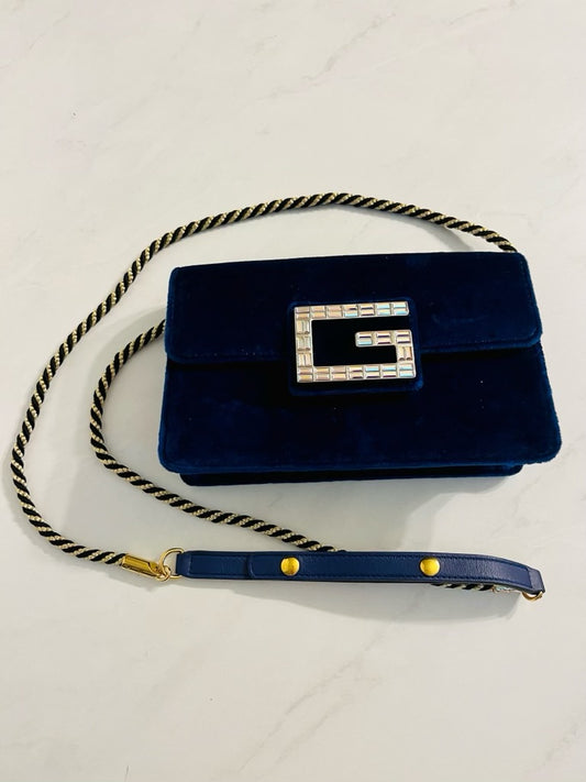 Vintage GUCCI velvet crystal square G shoulder bag in cobalt blue