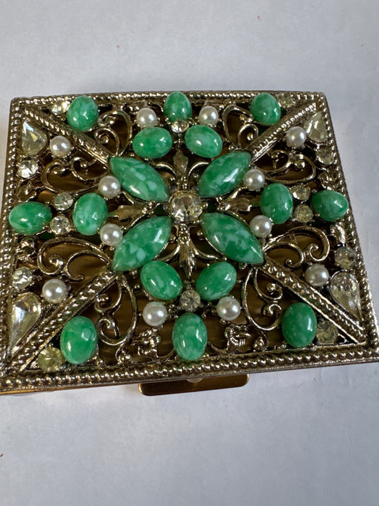 vintage 1950s jade cabachon in rhinestone topped case with mirror