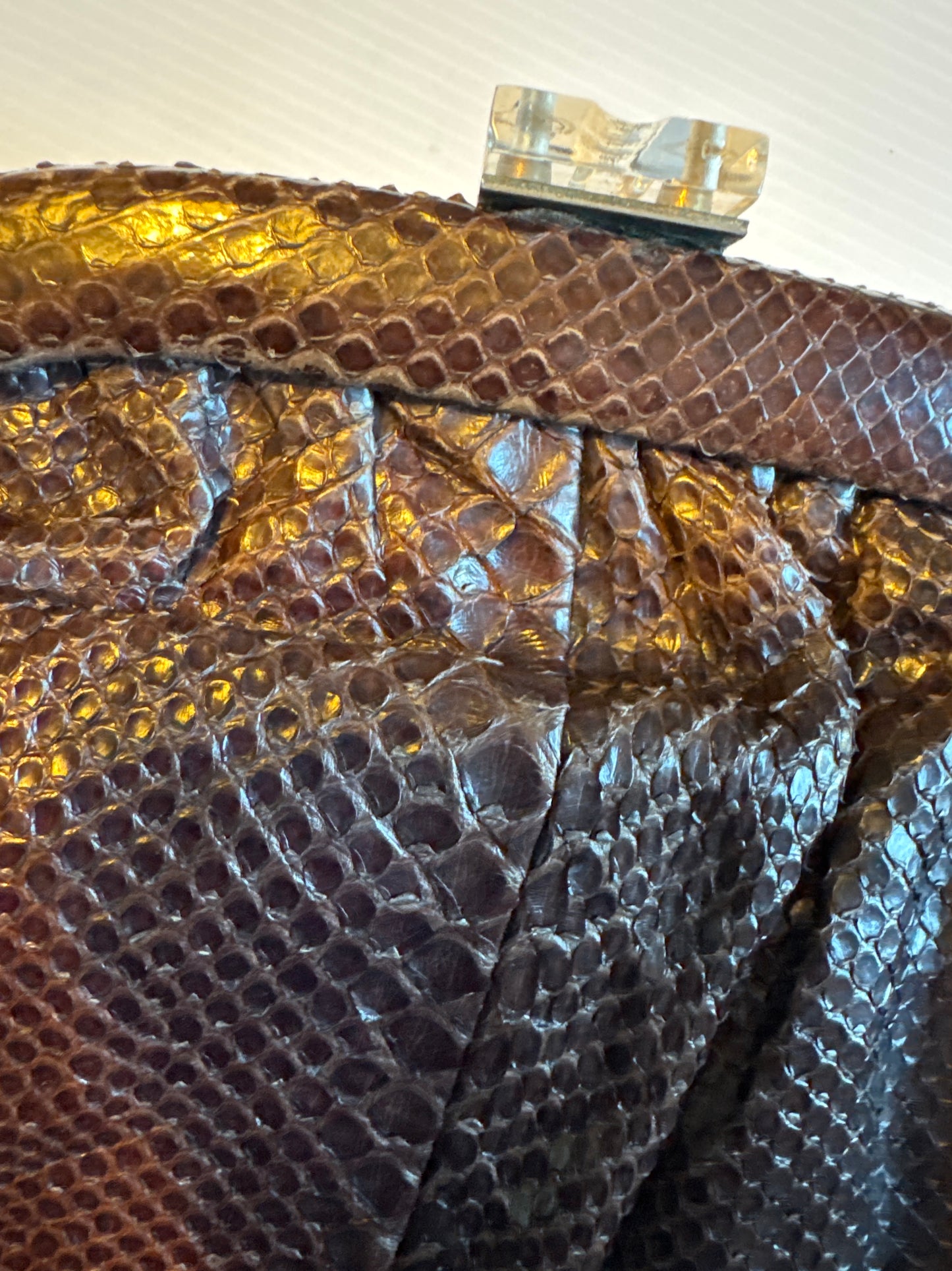 Fabulous 1940s cobra snake skin mahogany brown clutch bag with lucite top
