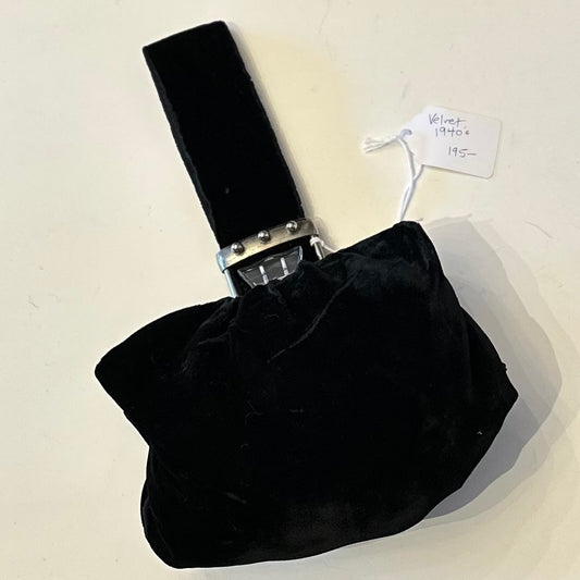 Vintage 1940s Black Velvet Silvertone Lucite Hardware Wristlet