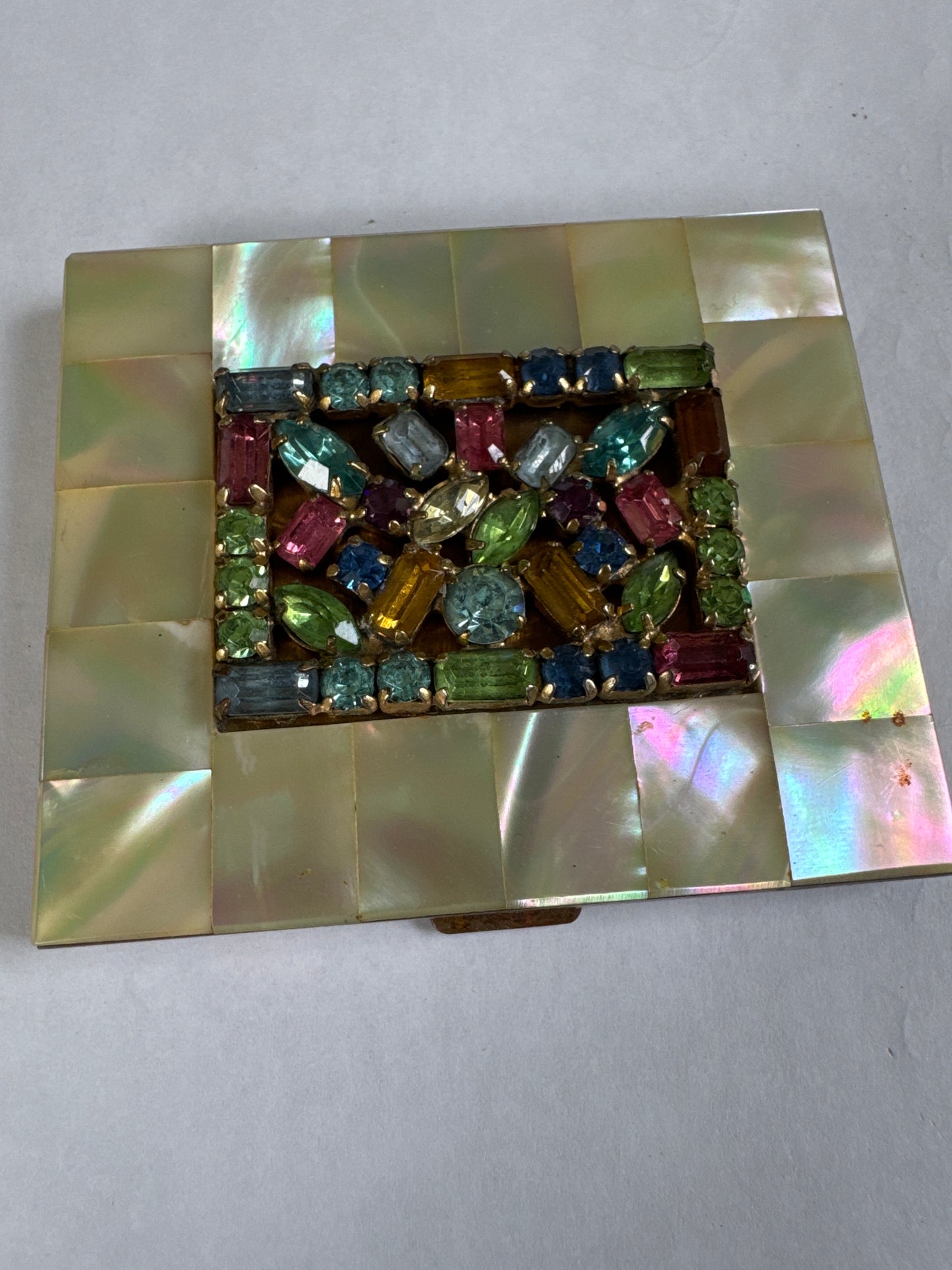 1930s mother-of-pearl and colored rhinestone powder, Makeup compact by SCHILDKRUAT