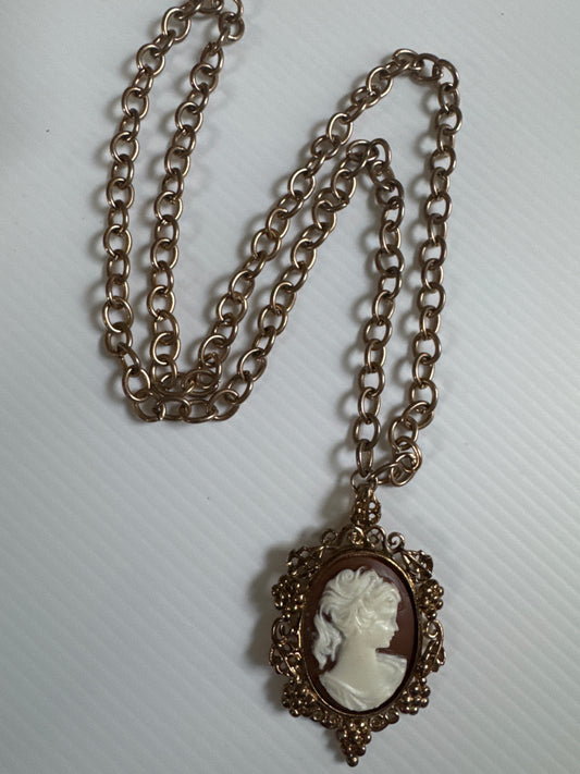 Beautiful 1950s brass cameo pendant and chain. France