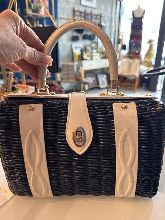 black and white wicker bag