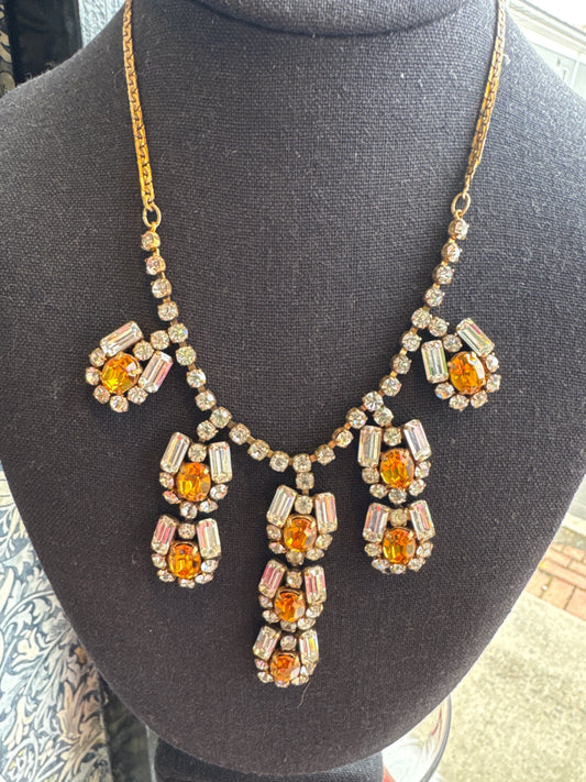 Stunning 1940s vintage amber and clear colored and rhinestone necklace