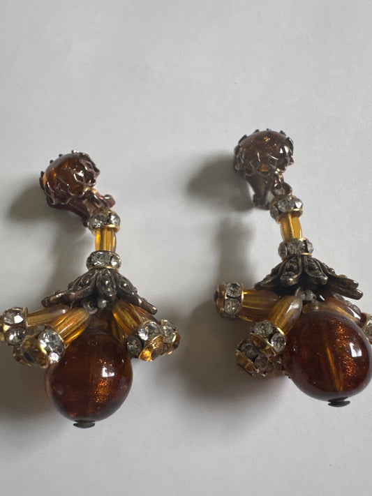 1930's absolutely beautiful sign SCHIAPARELLI Amber colored glass earrings with rhinestones and dangles
