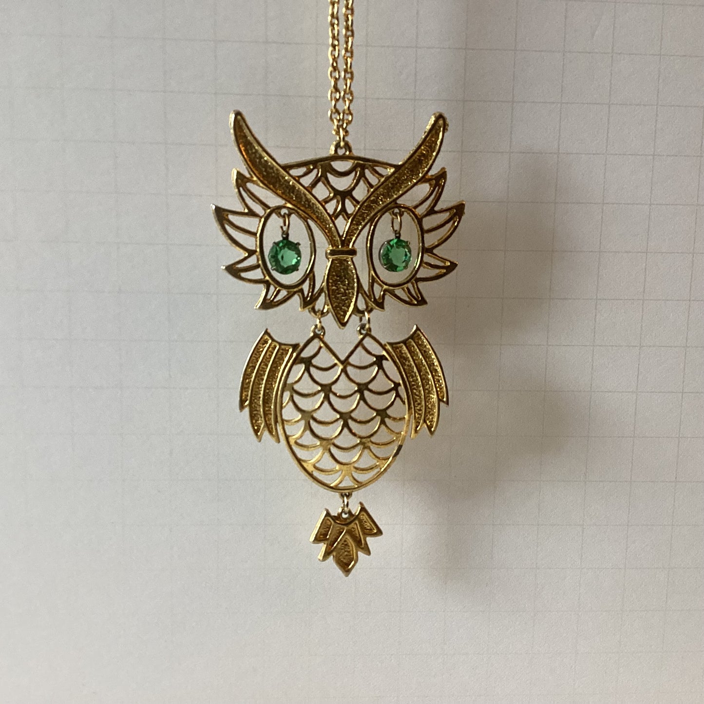 vintage large owl pendant with green rhinestone eyes