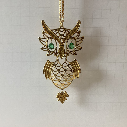 vintage large owl pendant with green rhinestone eyes