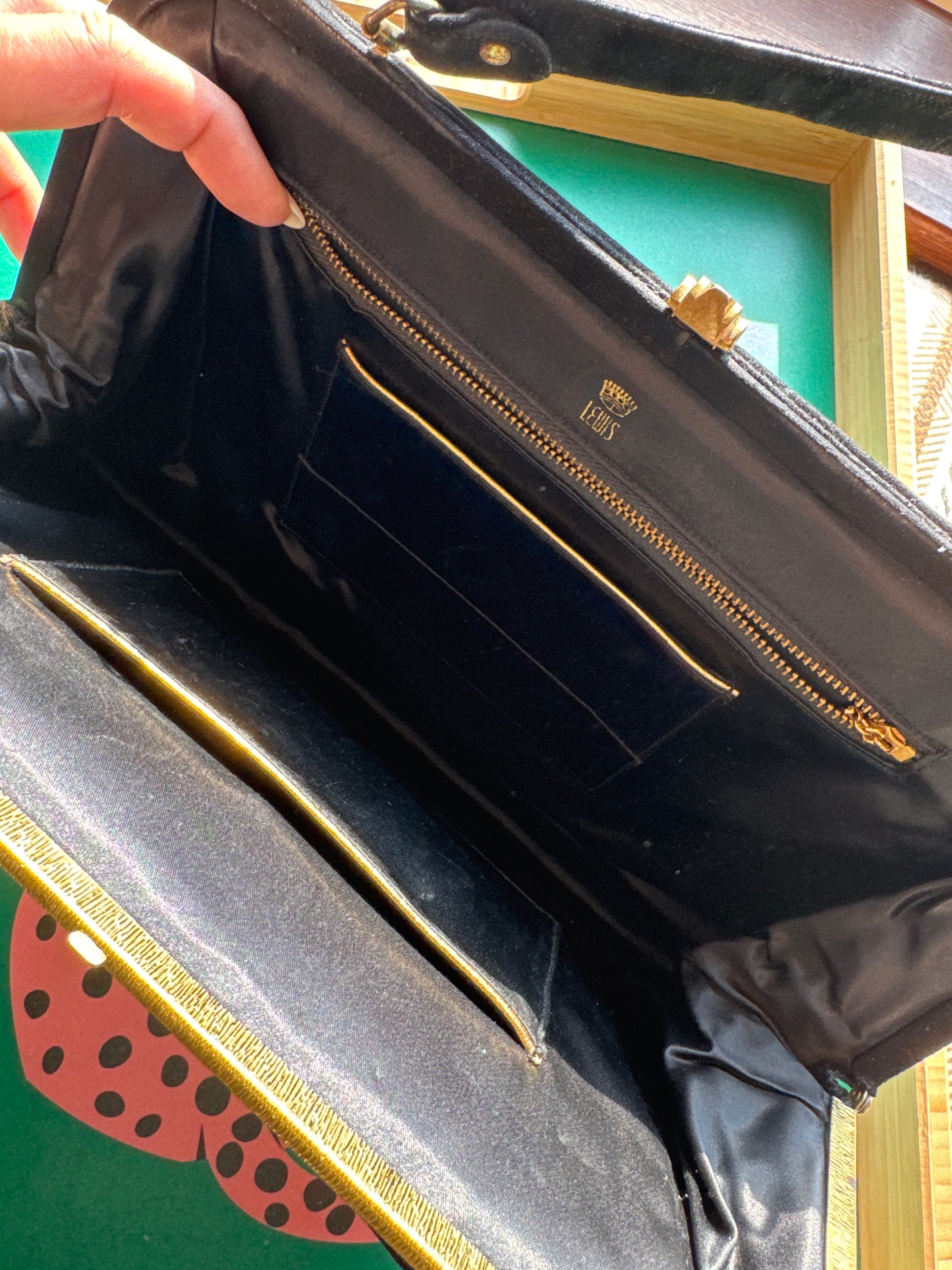 Beautiful vintage evening black velvet 1950s cameo clasp handbag