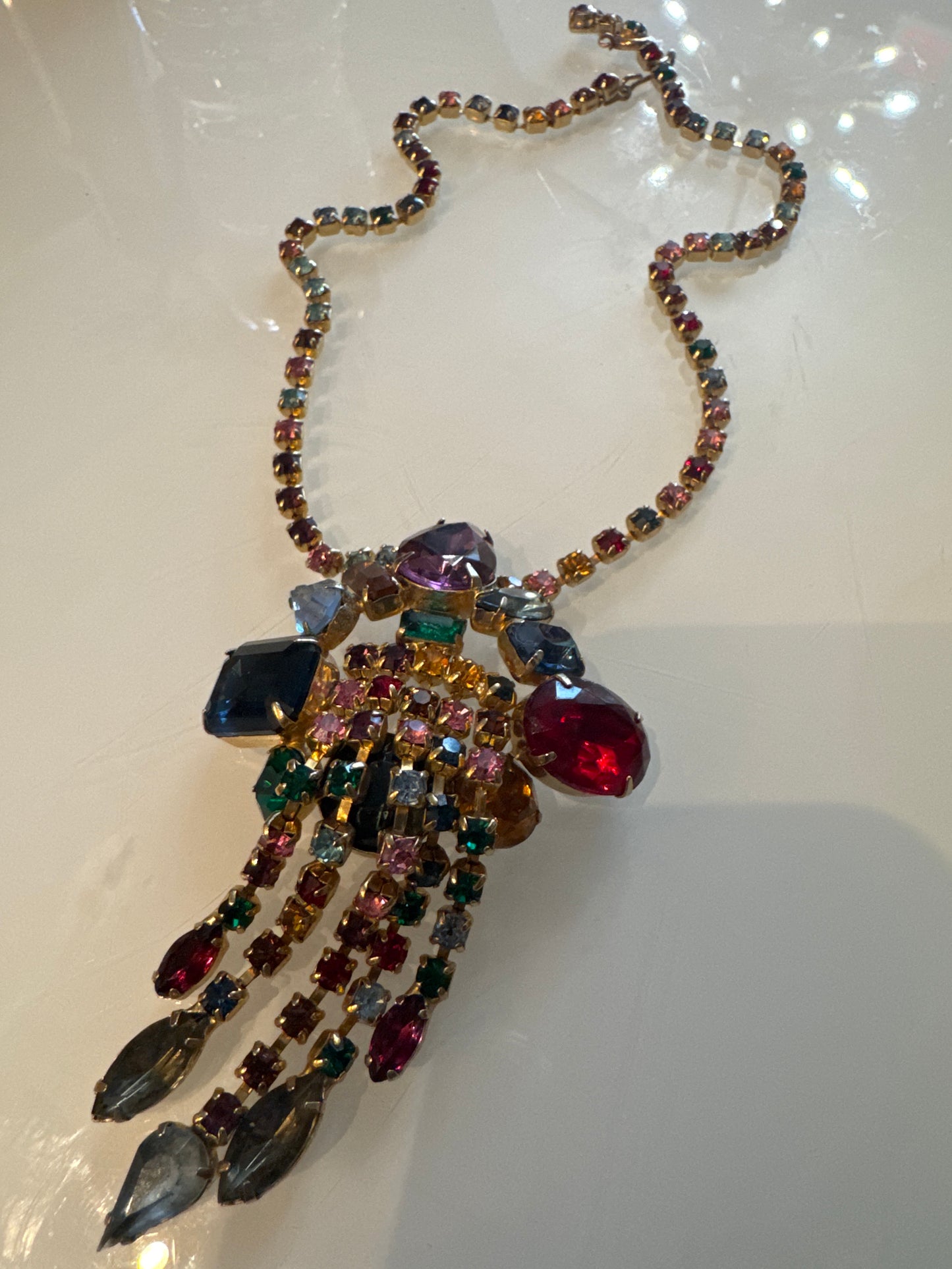 Wow Factor! 1950s rainbow colored rhinestone Juliana waterfall necklace