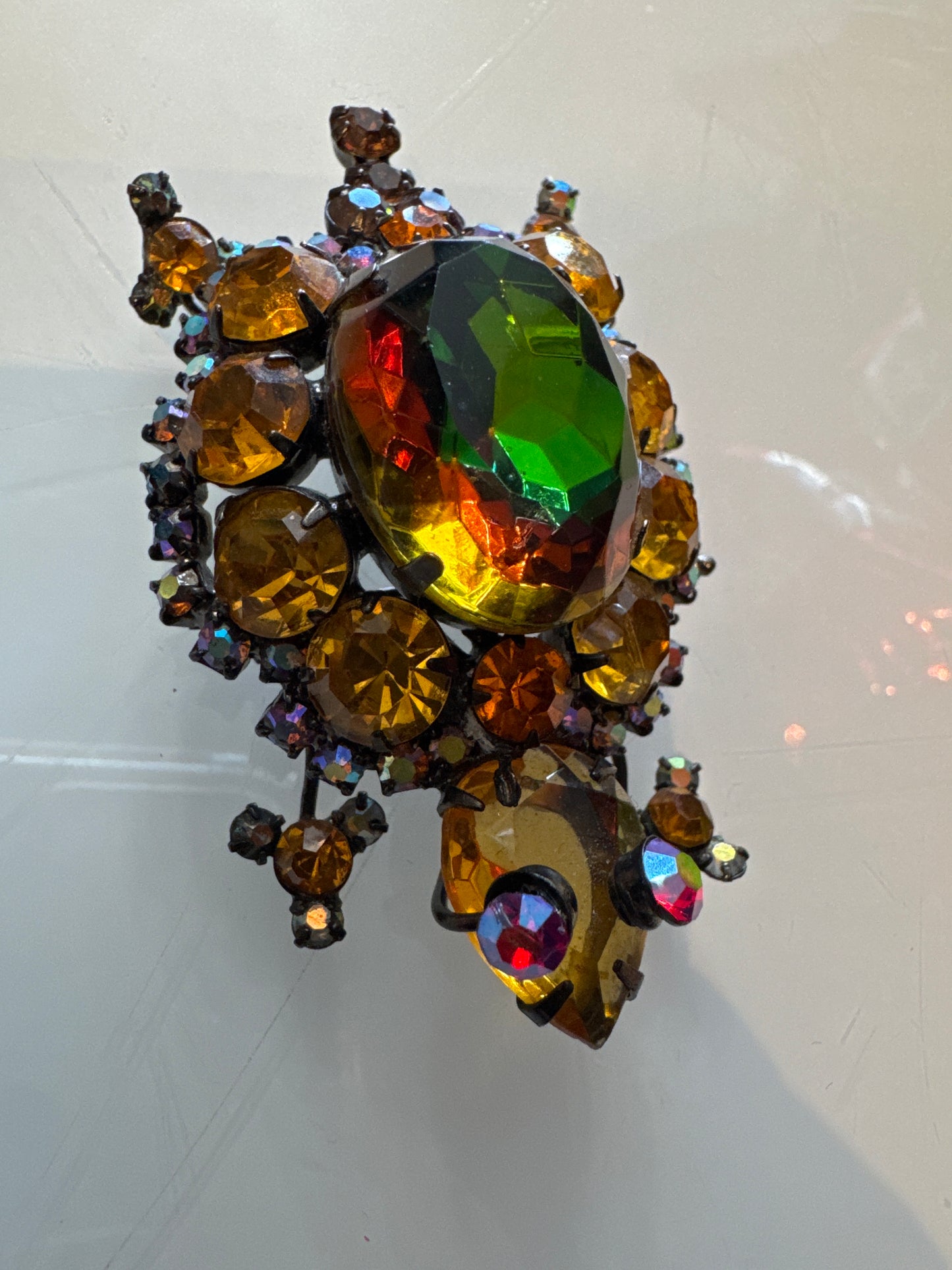 RARE 1950's Juliana rhinestone turtle with watermelon center stone. Book piece.