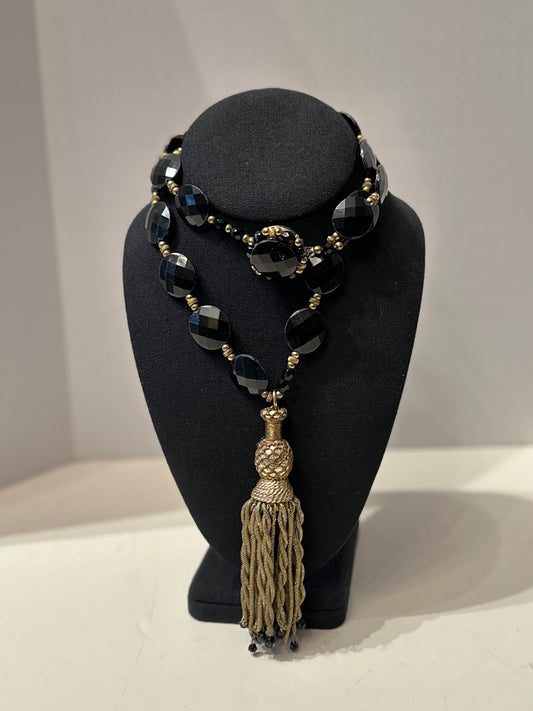 Vintage Black Beaded Tassel Necklace