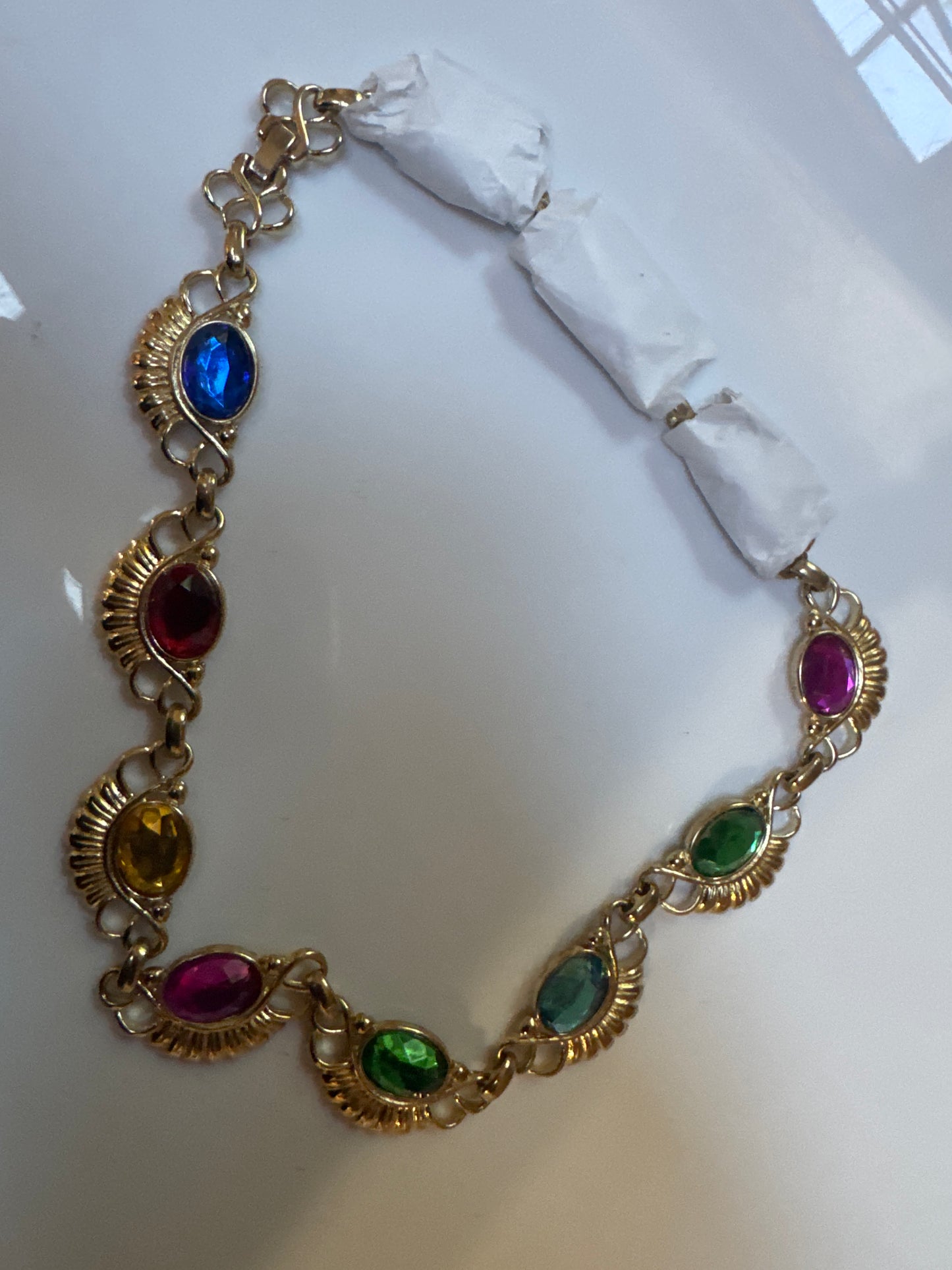 Beautiful 1970s gold tone and rainbow cabochon necklace