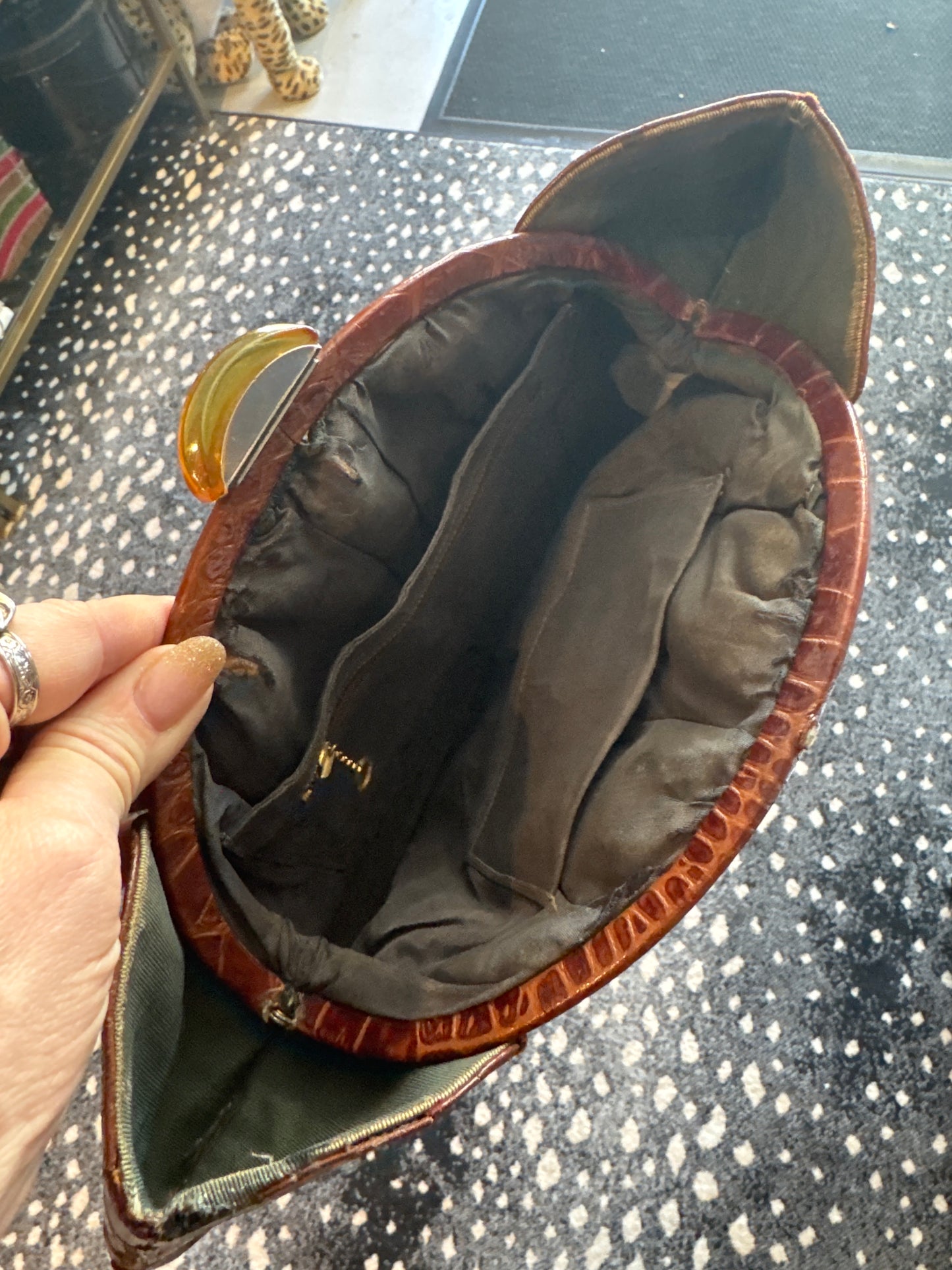 Stunning 1940s brown alligator extra long clutch with lucite clasp