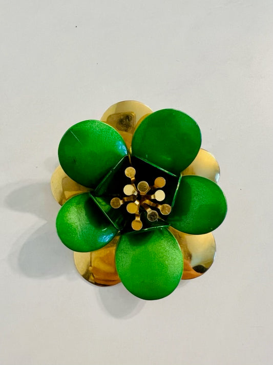 Vintage green and gold tone flower brooch