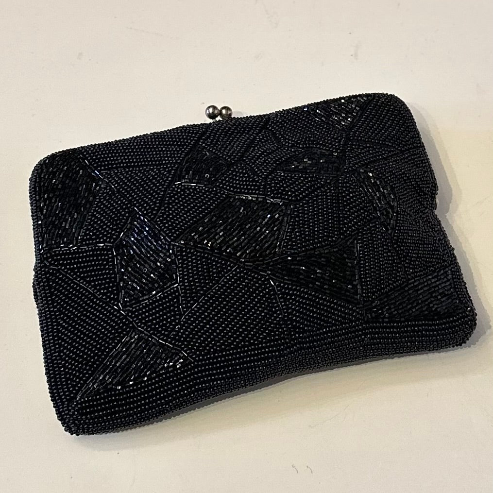 Vintage 1950s Black Beaded Clutch or Handbag