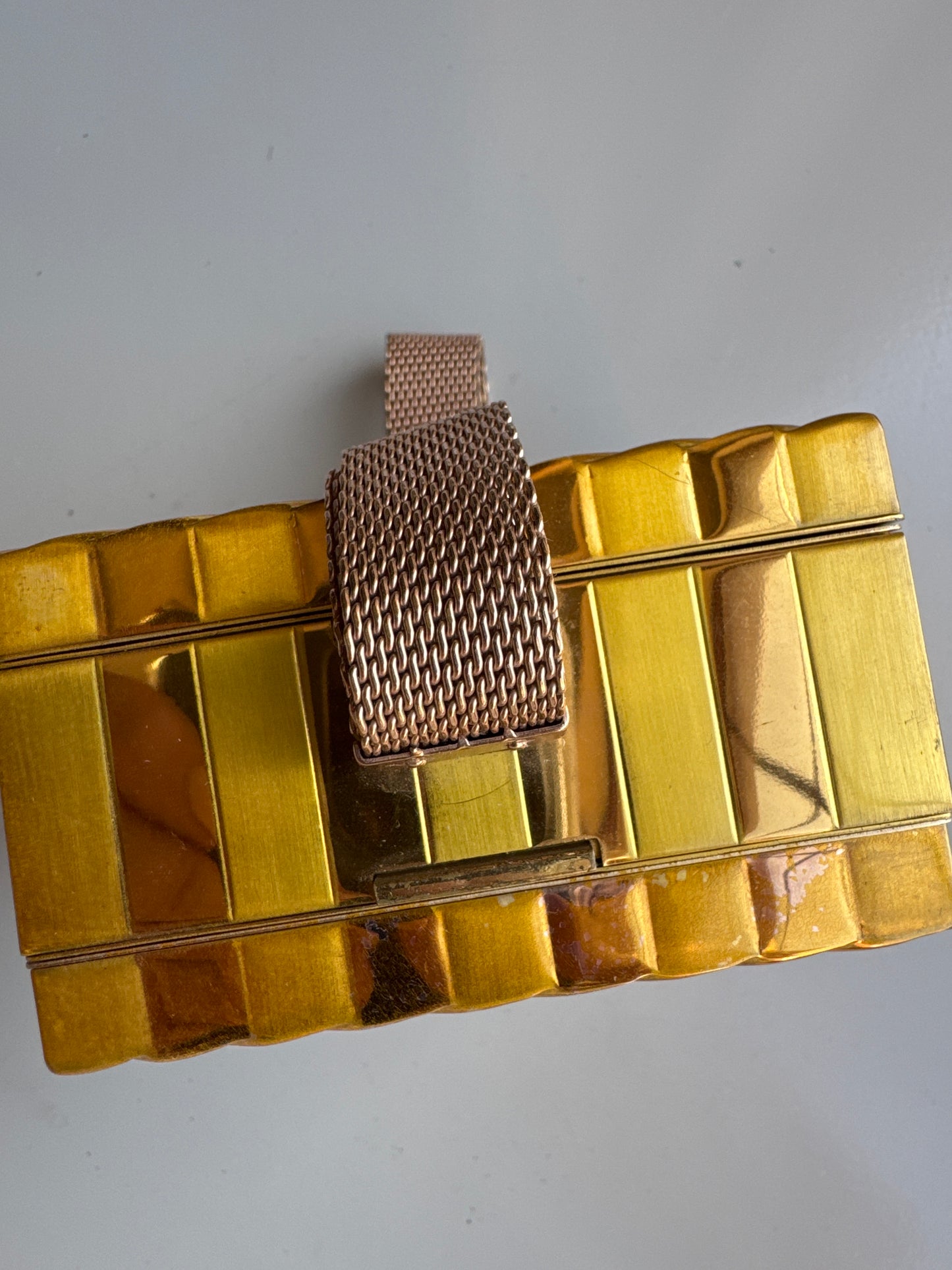 1930s gold bracelet MINAUDIERE. Two sided for Makeup and cigarettes. Signed Evans. Tom