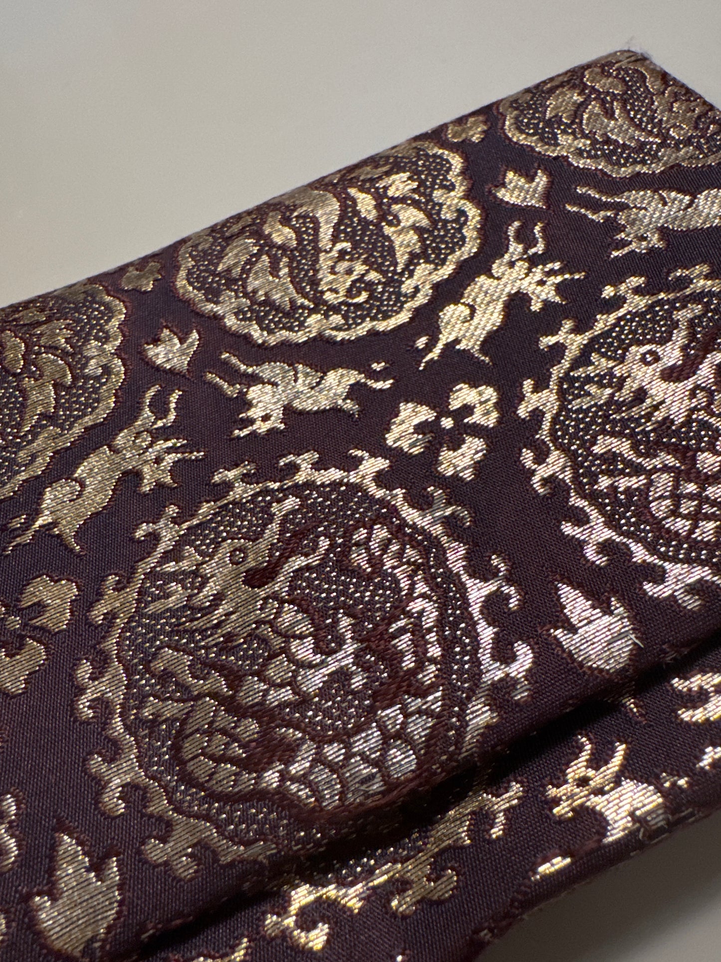 Vintage Dragon & Rabbit Brocade Clutch in deep plum and gold