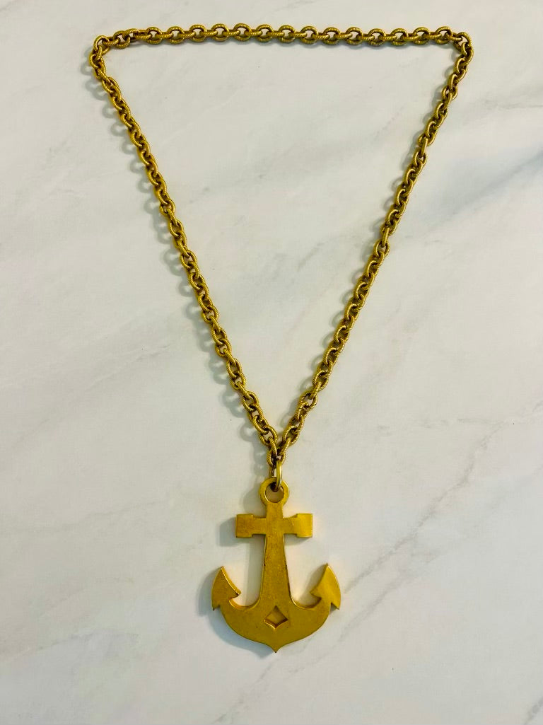 Vintage gold tone rope chain with anchor pendant