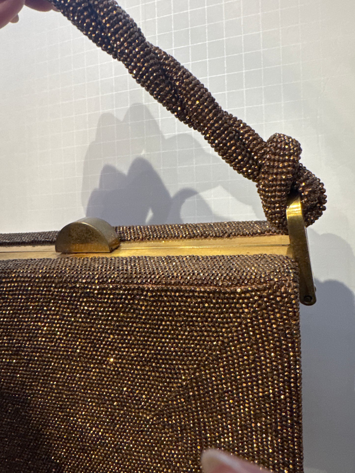 1940s bronze beaded top handle bag with braided handle
