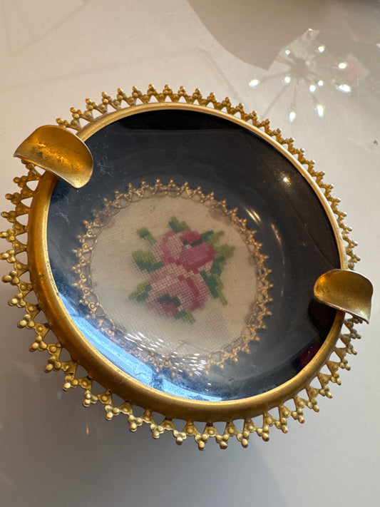 1940s brass ashtray with PETIT point detail