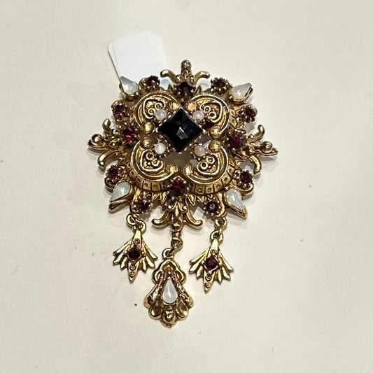 Vintage FLORENZA Faux Garnet and Opal Jeweled Dangle Brooch
