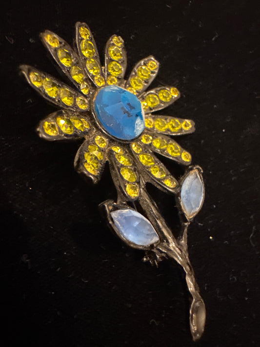 Beautiful vintage signed Capri flower brooch with green and blue rhinestones