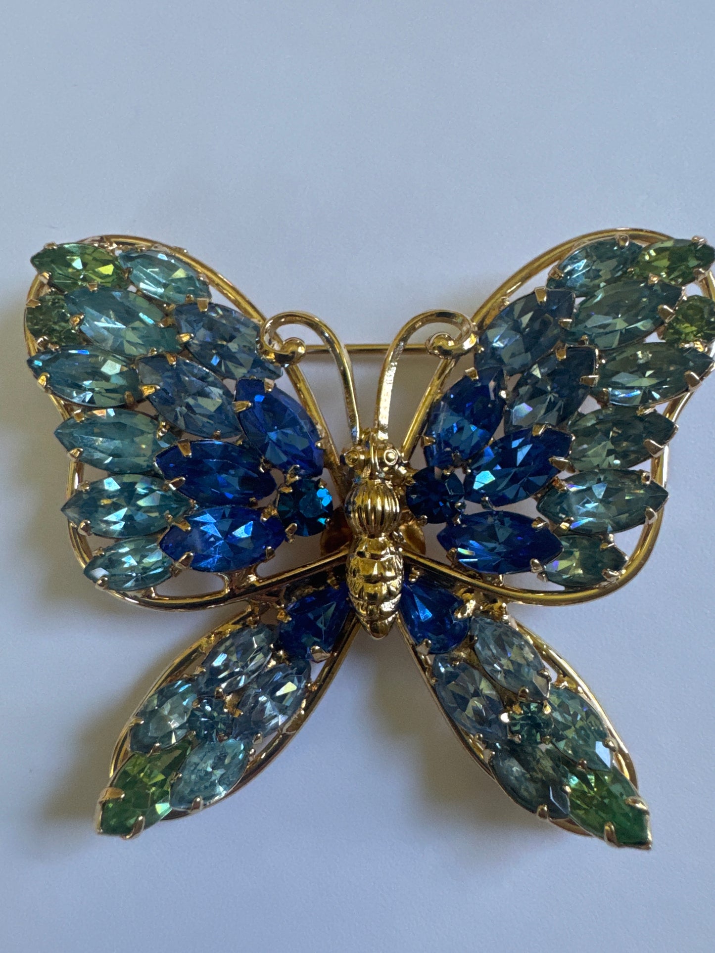 1990s  blue tone rhinestone butterfly brooch