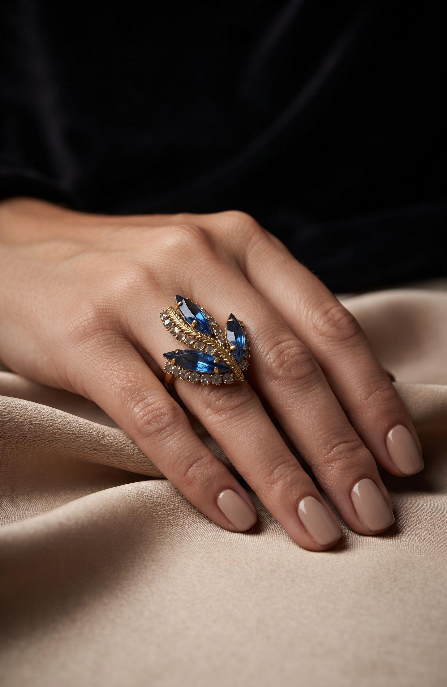 1970s blue and clear rhinestone cocktail ring