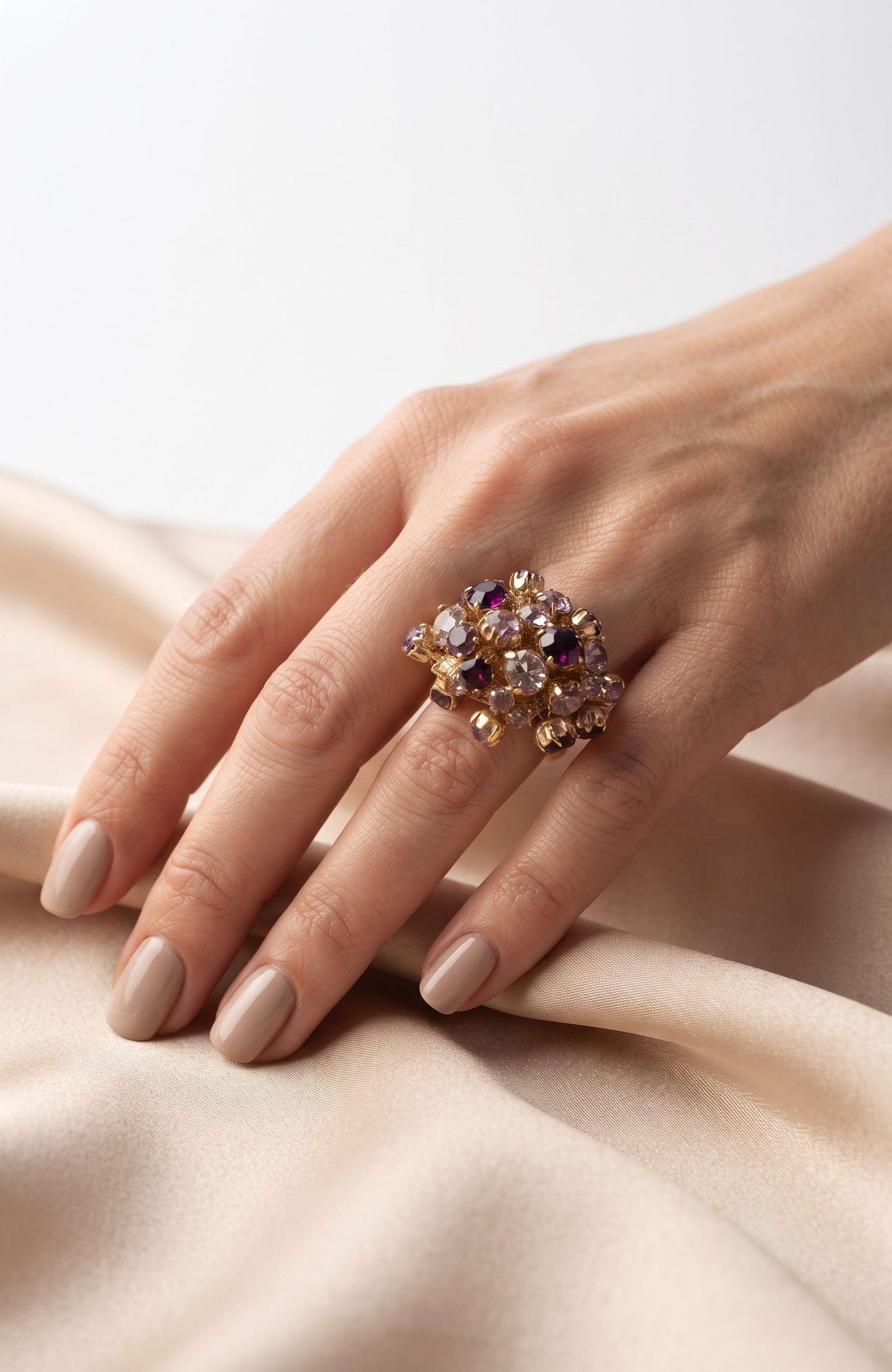 Beautiful 1980s jumbo purple and clear rhinestone cocktail ring