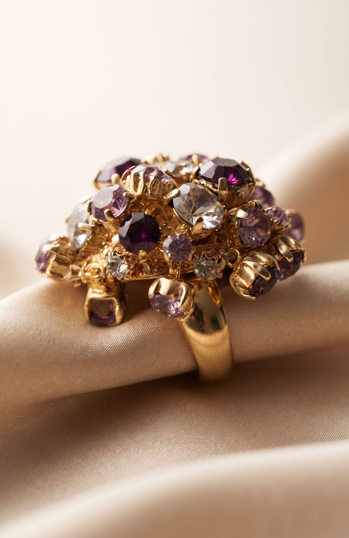 Beautiful 1980s jumbo purple and clear rhinestone cocktail ring