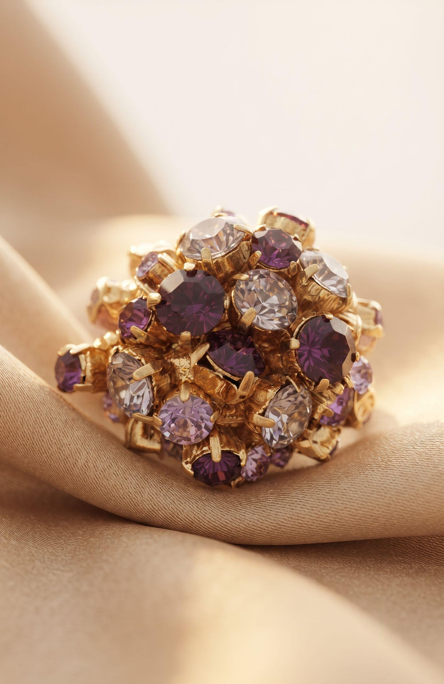 Beautiful 1980s jumbo purple and clear rhinestone cocktail ring