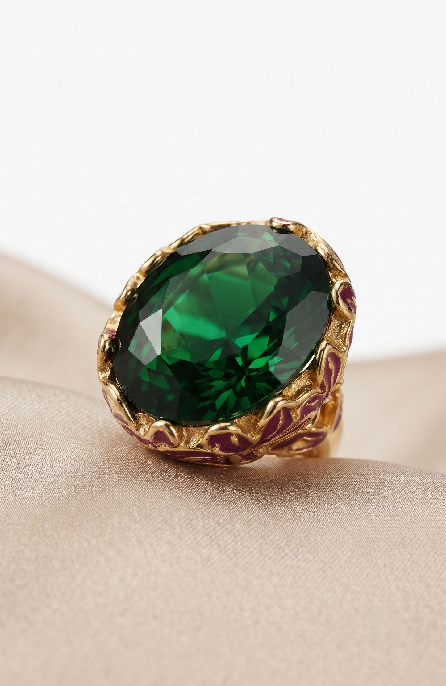 Gorgeous 1980s green rhinestone and red enamel jumbo cocktail ring.