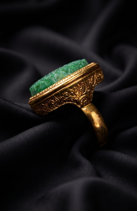 1970s "poison" ring by Avon with faux jade cabochon stone