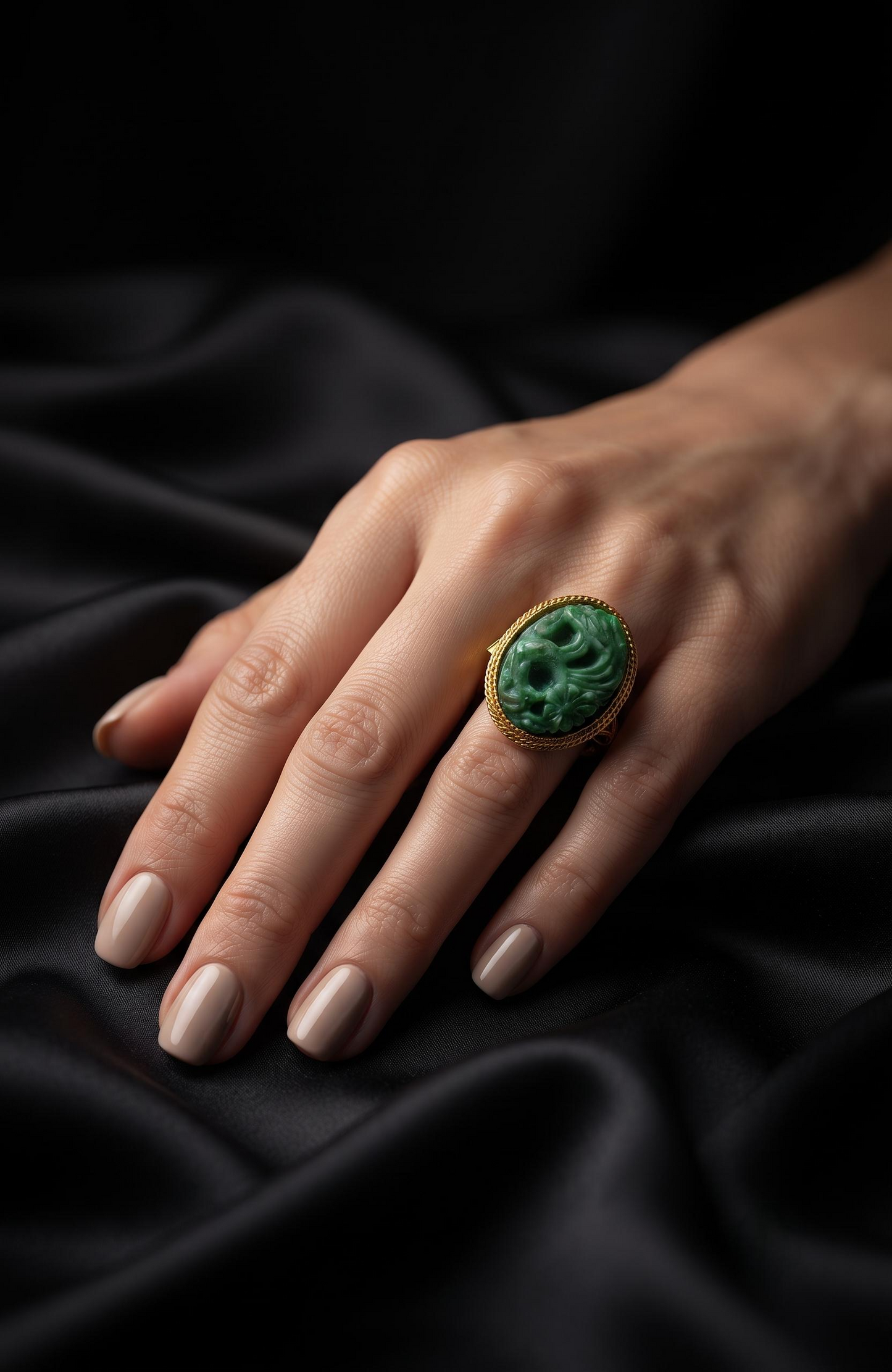 1970s "poison" ring by Avon with faux jade cabochon stone