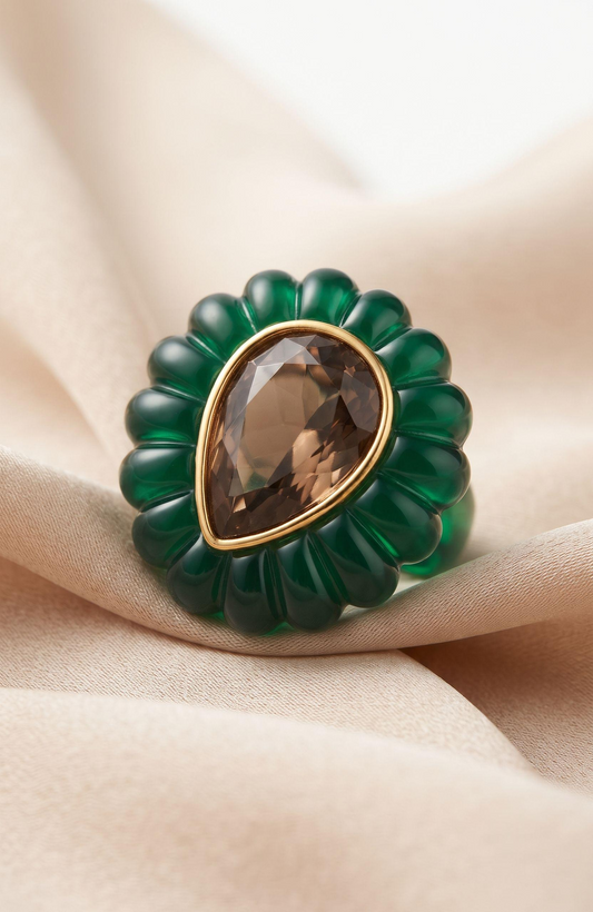 Gorgeous vintage signed Catwalk Jon jumbo cocktail ring with green resin and purple center stone