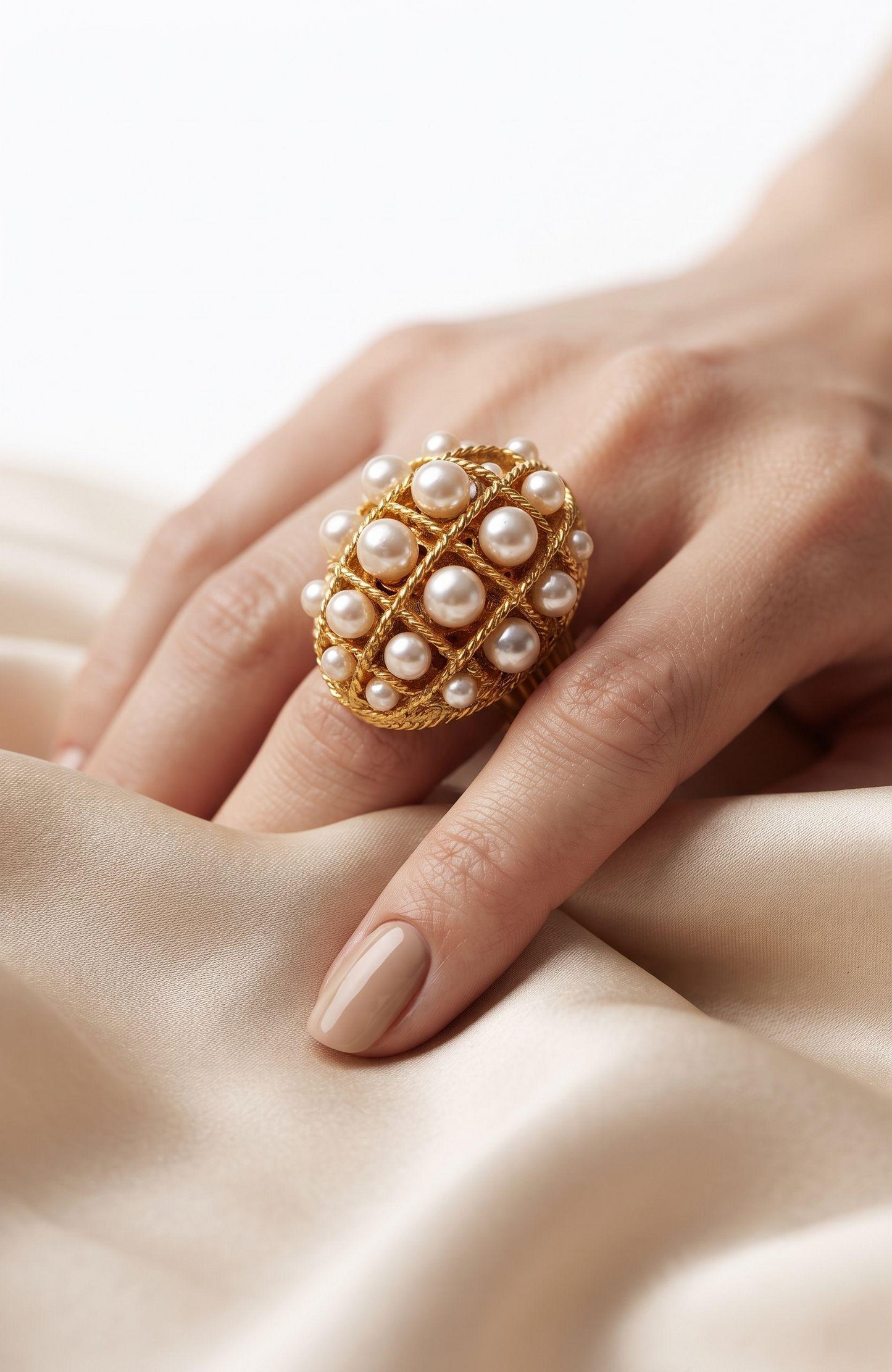 1970s Avon gold tone and pearl "poison" ring