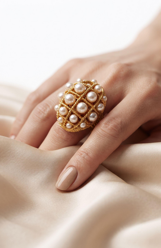 1970s Avon gold tone and pearl "poison" ring