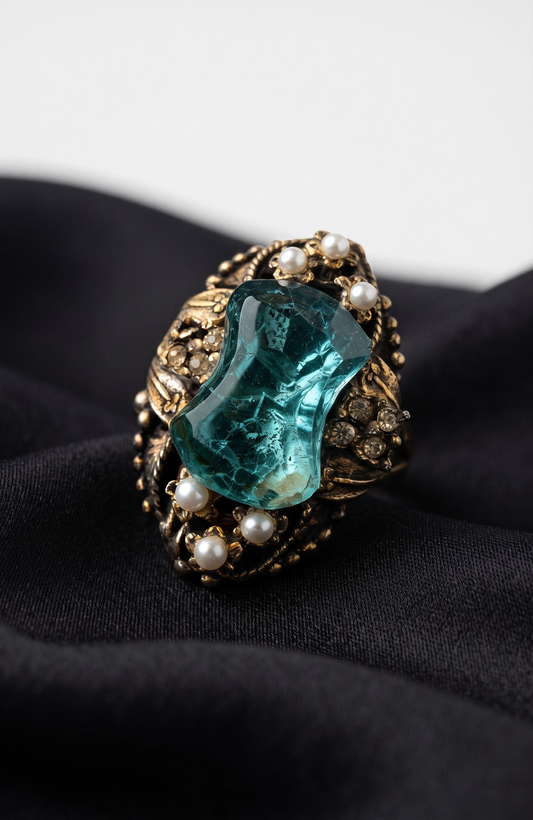 Beautiful 1950s turquoise stone jumbo cocktail ring with pearls and rhinestones