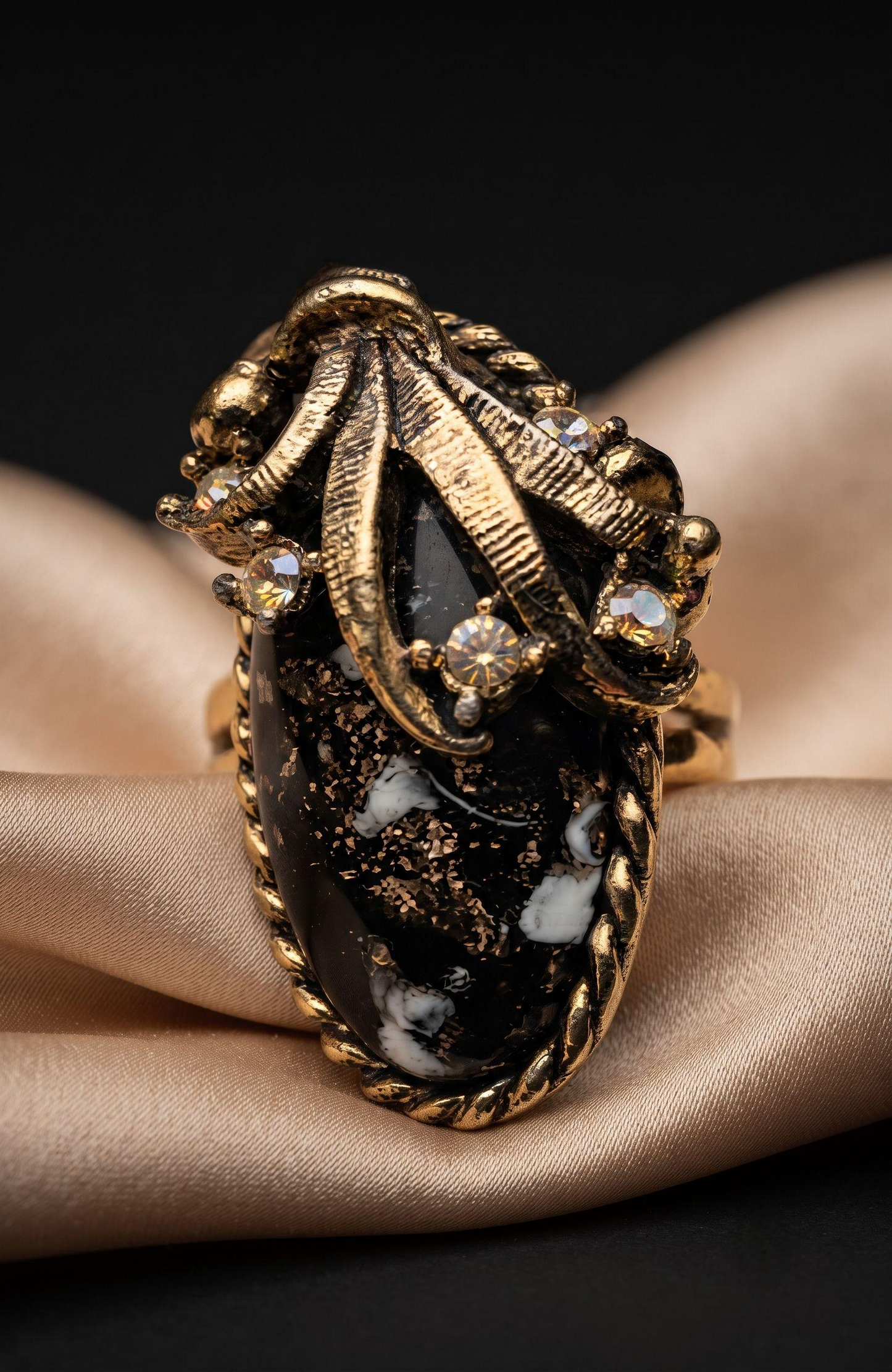 1970s adjustable black confetti cabochon with gold tone detailing, and aurora borealis stones
