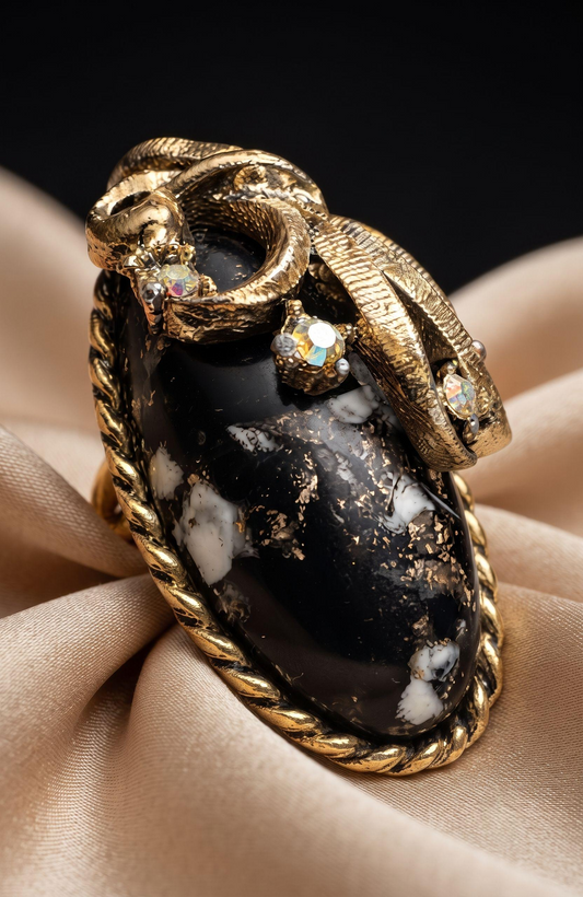 1970s adjustable black confetti cabochon with gold tone detailing, and aurora borealis stones