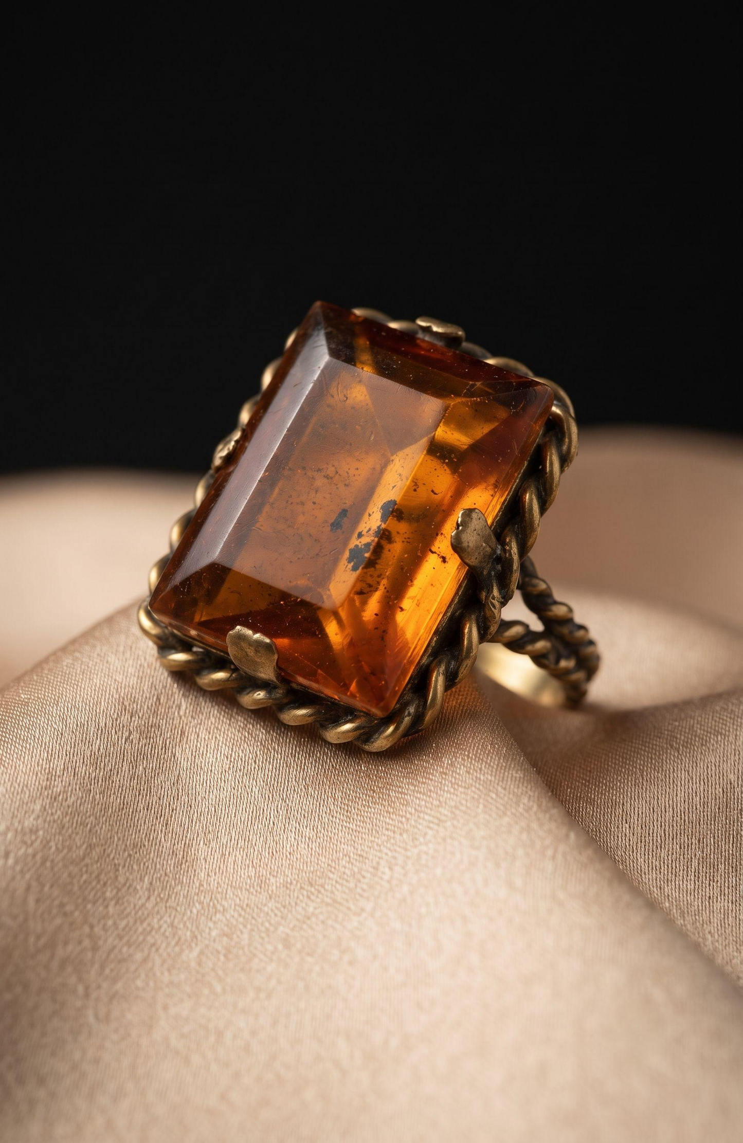 1960s Amber colored Stone ring in bronze tone setting